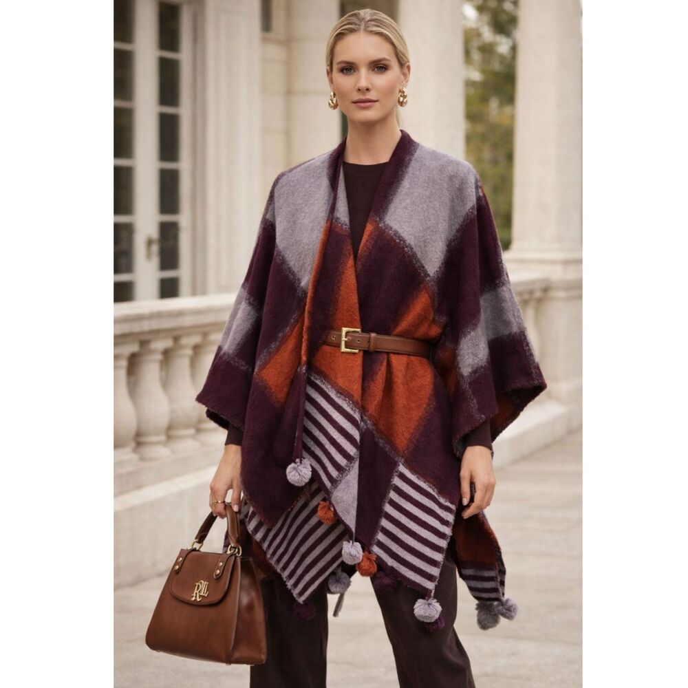 Echoย Plaid and Stripe Pom-Pom Scarf Poncho Wrap One Size